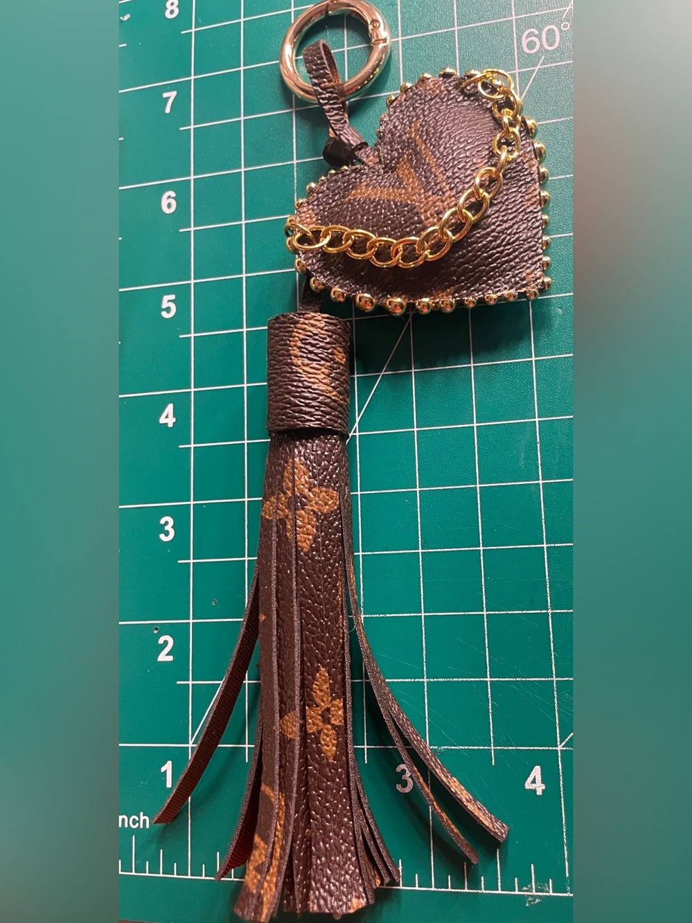 Brown Leather Tassel Keychain with heart decor